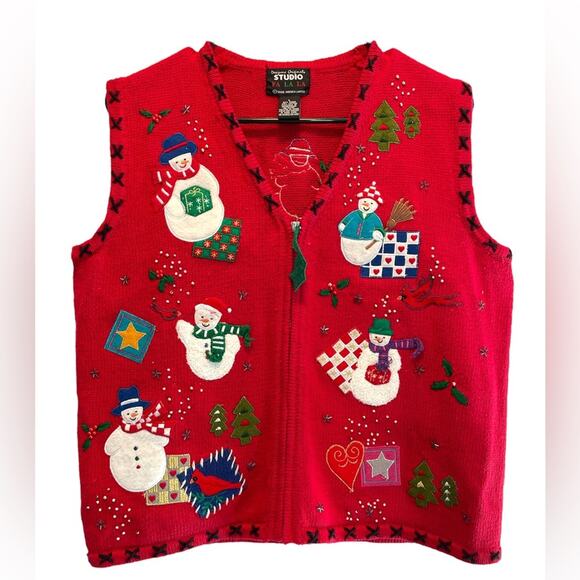 Designers Originals Studio FA LA LA Red Snowman Knit Vest size Large - Picture 1 of 8